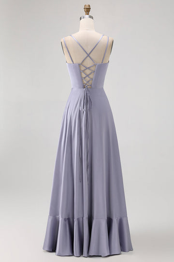 Dusty Blue A Line Long Bridesmaid Dress with Lace-up Back